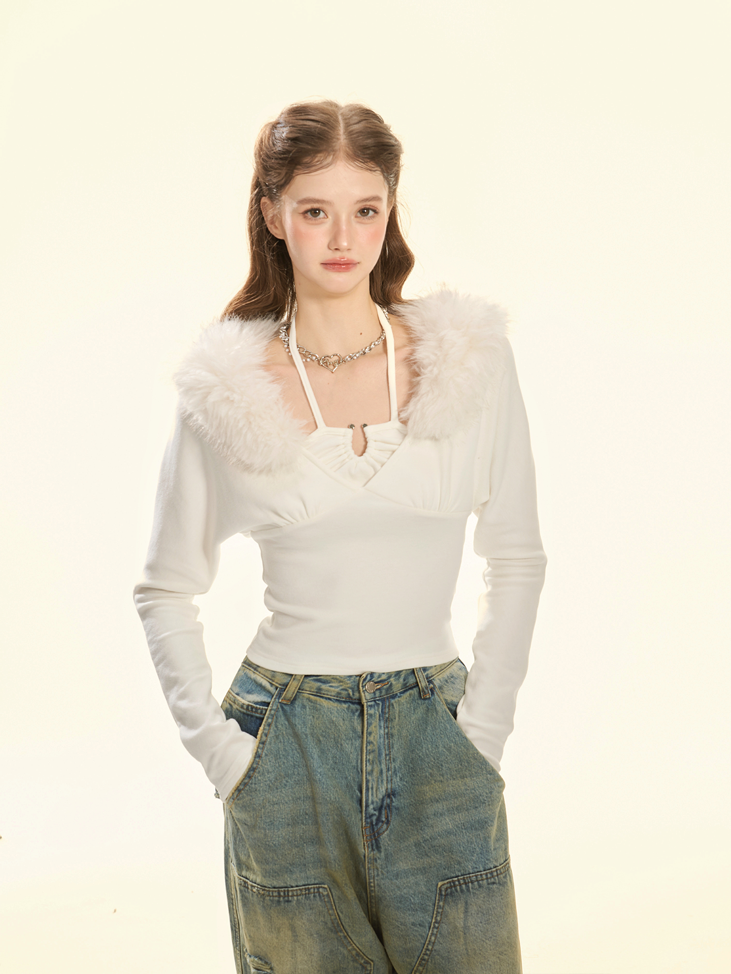 Fleece Sweetheart White Long Sleeve Knit Top