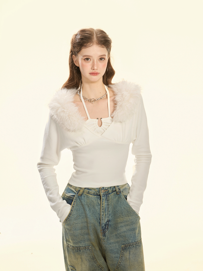 Fleece Sweetheart White Long Sleeve Knit Top