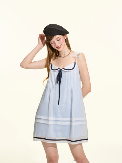 Light Blue Navy Style Pleated Tulle Cami Dress Women Summer Aesthetic Mini Dress