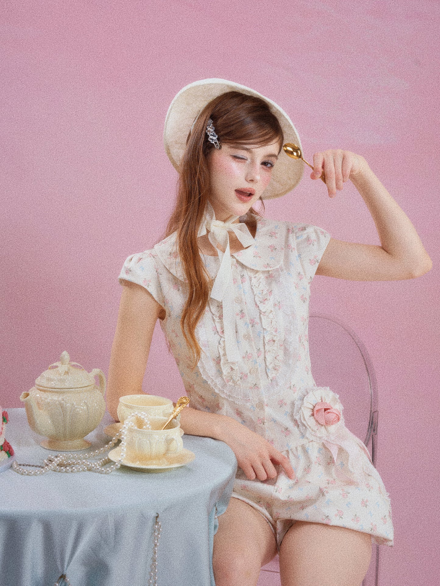 French Floral Ruffle Peter Pan Collar Top & Shorts Two-Piece Set