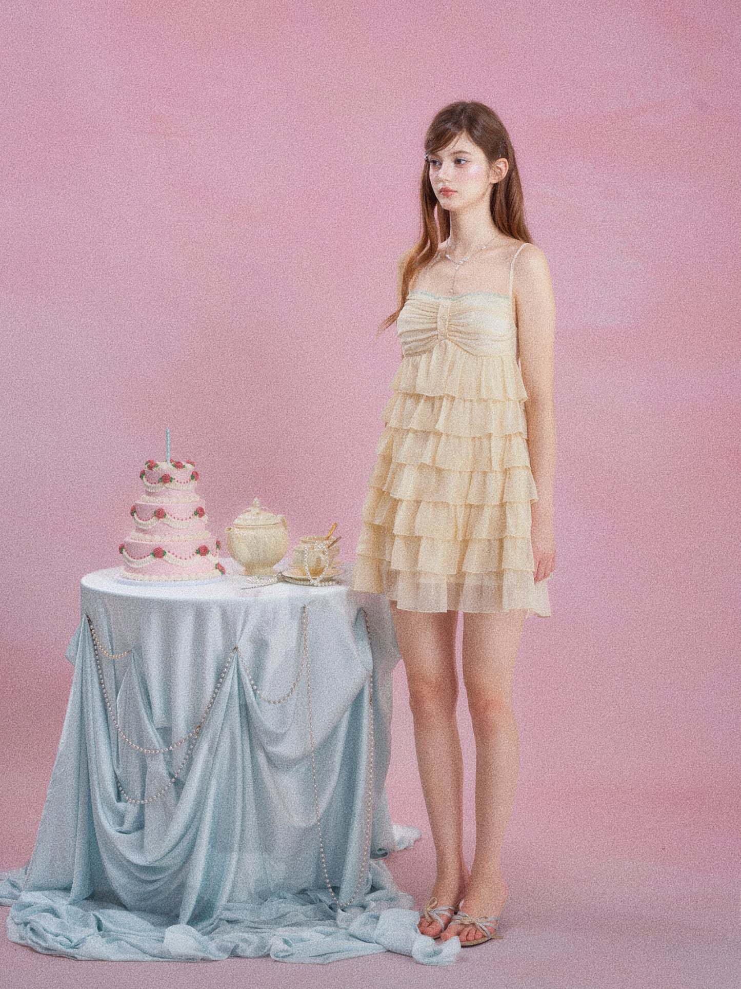 Yellow Ruffle Tiered Cami Dress Women Summer Sleeveless Flowy Cake Dress Slim Fit