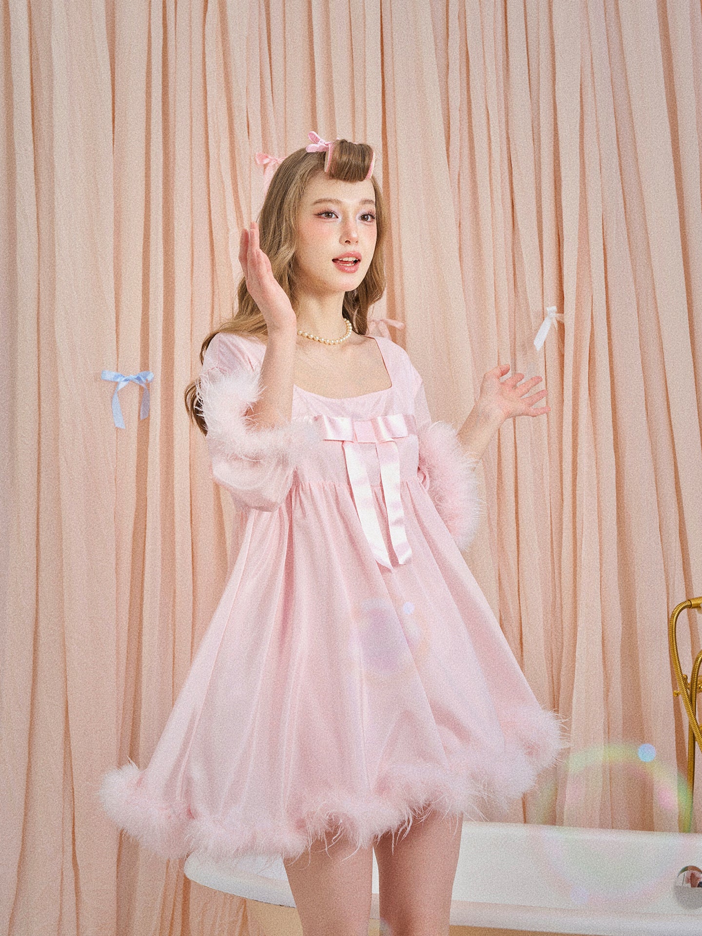 Pink Satin Ruffle Home Dress