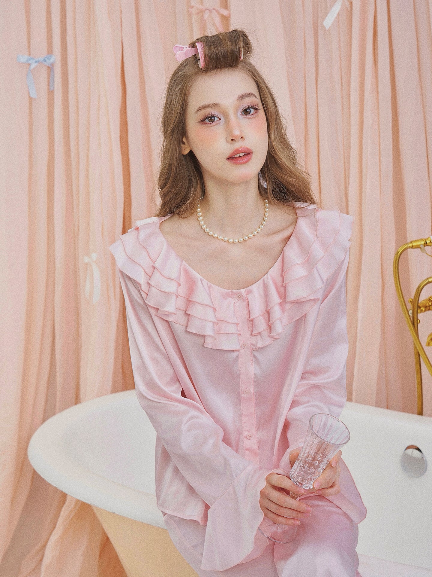Pink Satin Feather Trim Pajama Set