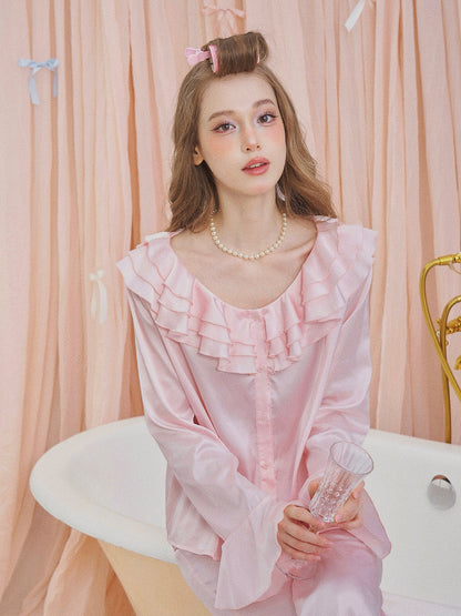 Pink Satin Feather Trim Pajama Set