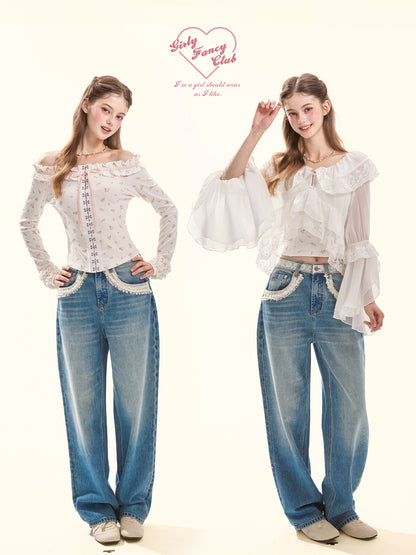 Sweet Cool Lace-Trim Washed Wide-Leg Jeans