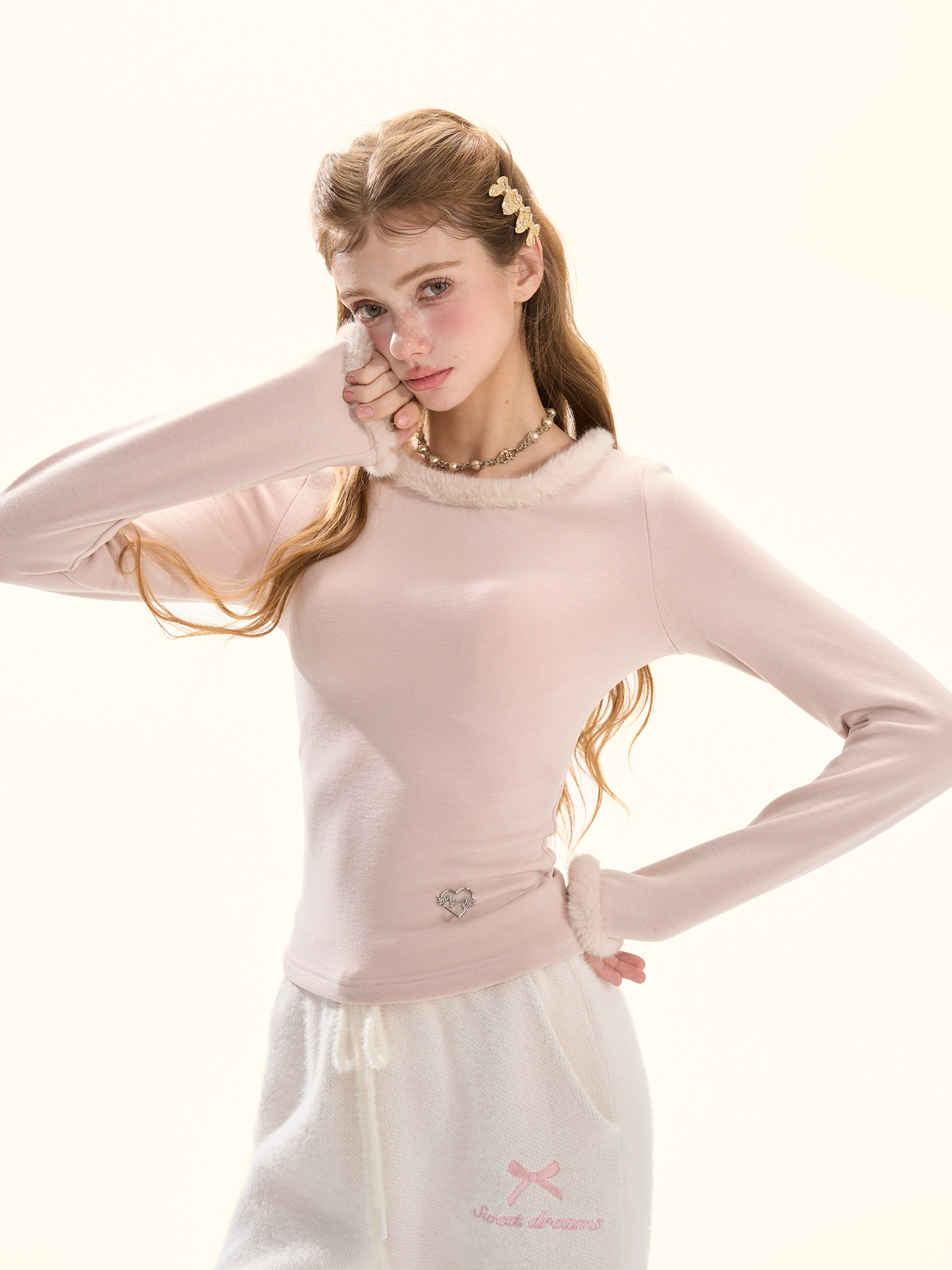 Pink Bow Brushed Knit Long Sleeve Top
