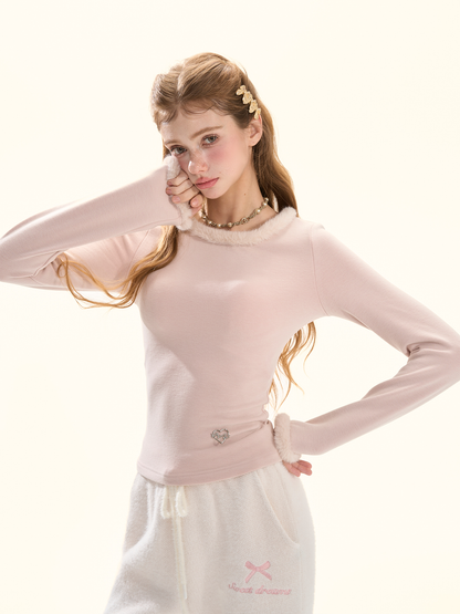 Pink Bow Brushed Knit Long Sleeve Top