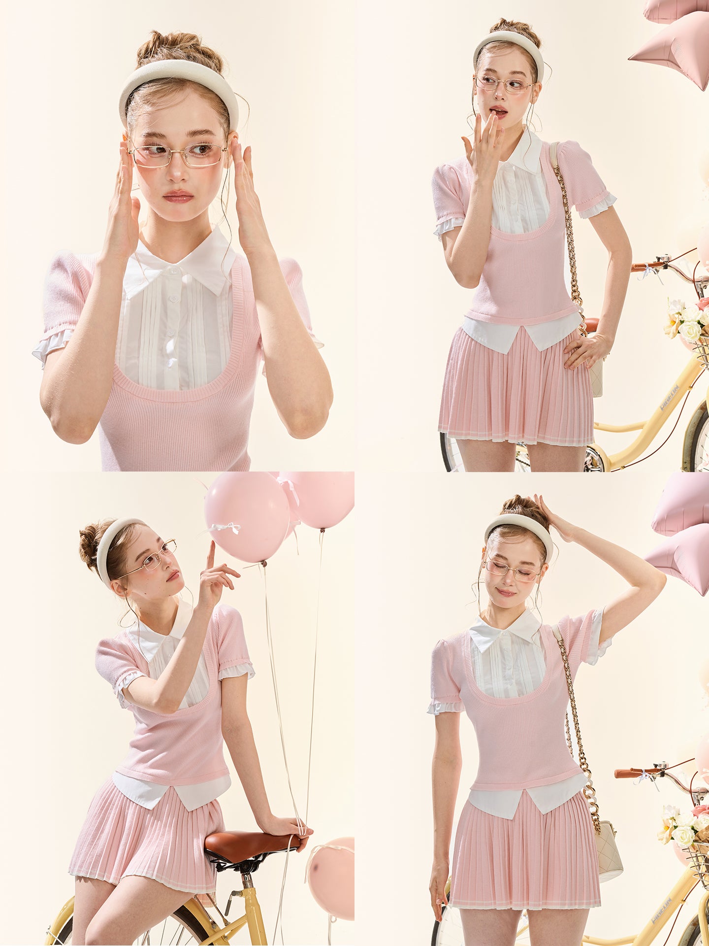 Pink Knit Vest Two-Piece Shirt & Pleated Skirt Set