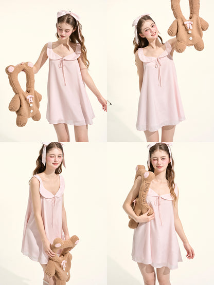 Soft Pink Bow Neck Sleeveless Nightdress