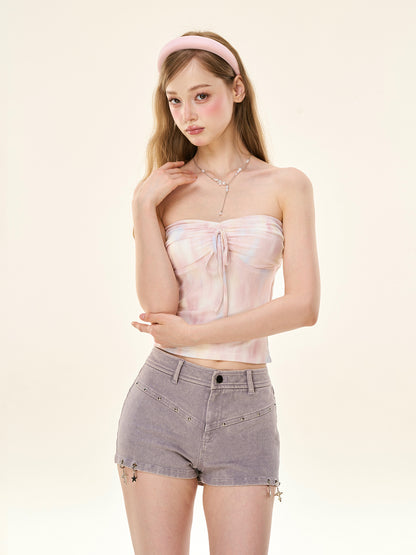 Gray-Tone Starlight Y2K Tie-Dye Tube Top & Denim Shorts Set