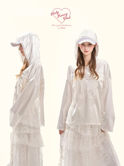 Spring Blokette Lace-Trim Satin Oversized Hoodie Top