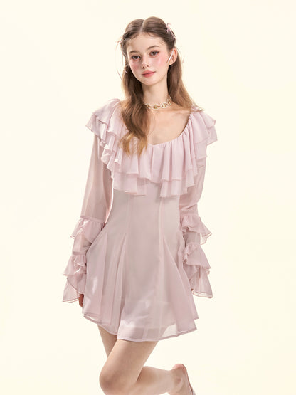 Sakura Lover Pink Ruffle Chiffon Mini Dress