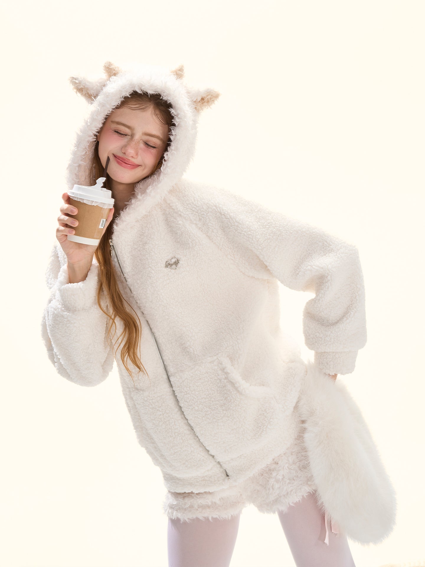 Cream White Fleece Jacket and Shorts Set