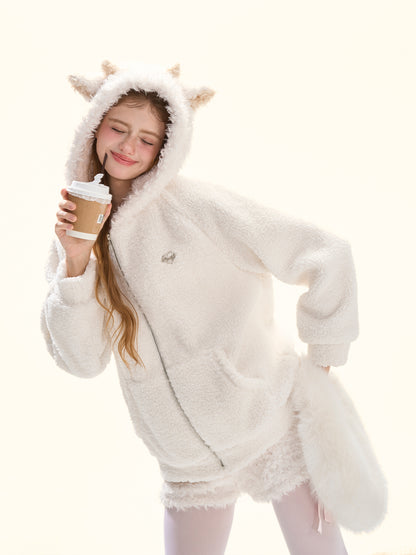 Cream White Fleece Jacket and Shorts Set