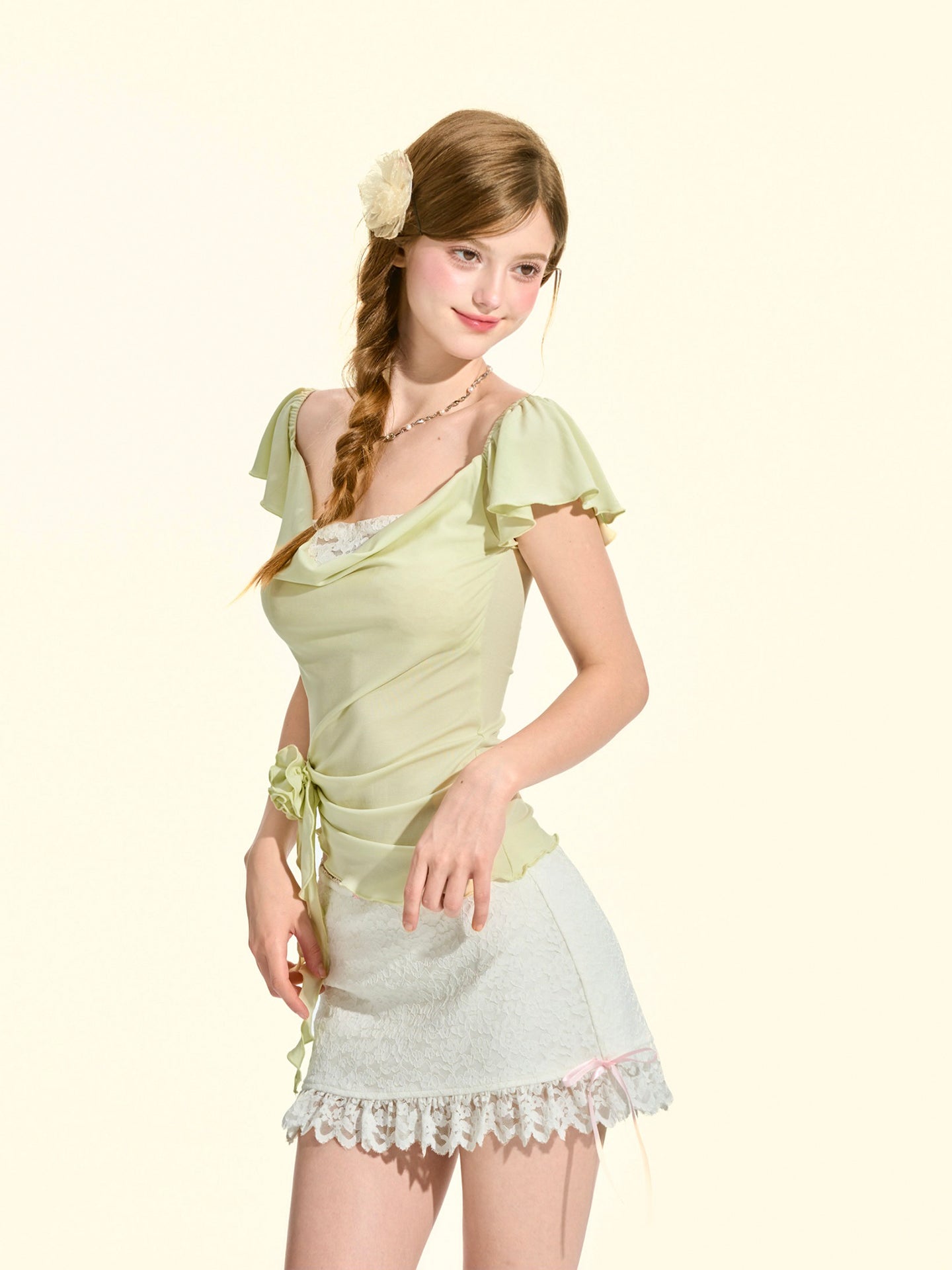 Melon Green Cowl Neck Flutter Sleeve Top
