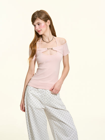 Pink Halter Tie Short Sleeve Layered T-Shirt Top