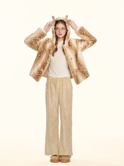 "Cappuccino" Khaki Suede Wide-Leg Trousers with Leopard Trim