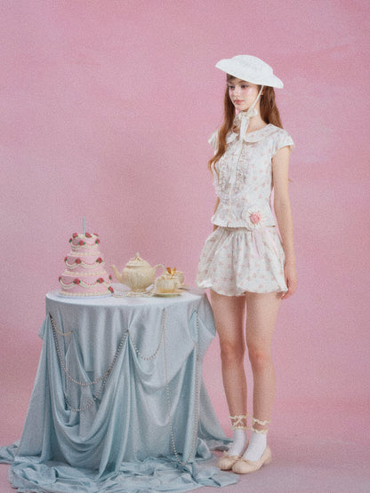 French Floral Ruffle Peter Pan Collar Top & Shorts Two-Piece Set