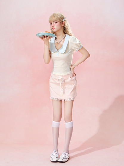Sweetheart Cream Puff Sleeve Top & Bow Shorts Set