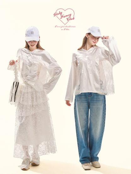 Spring Blokette Lace-Trim Satin Oversized Hoodie Top
