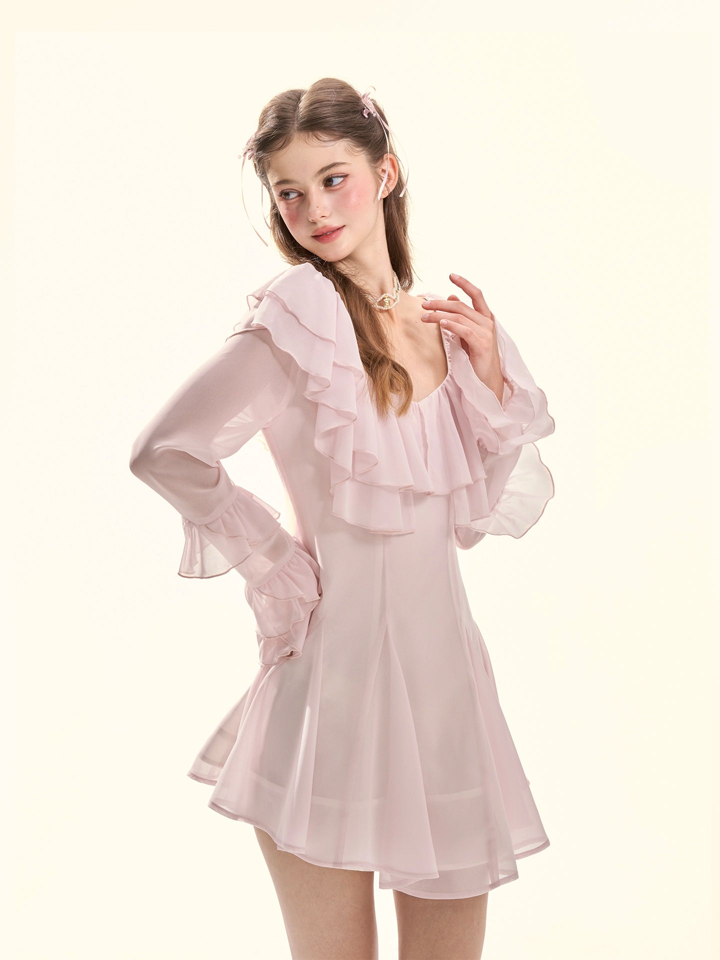 Sakura Lover Pink Ruffle Chiffon Mini Dress