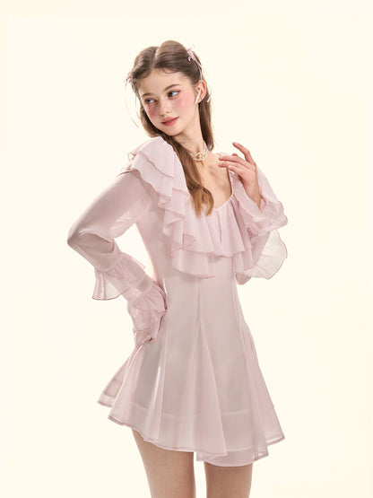 Sakura Lover Pink Ruffle Chiffon Mini Dress