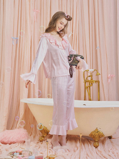 Pink Satin Feather Trim Pajama Set