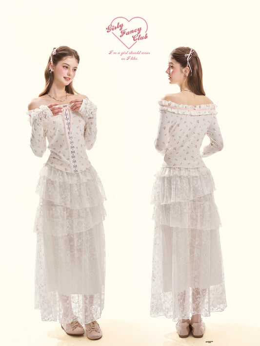 Coquette White Tiered Lace A-Line Midi Skirt