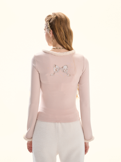 Pink Bow Brushed Knit Long Sleeve Top