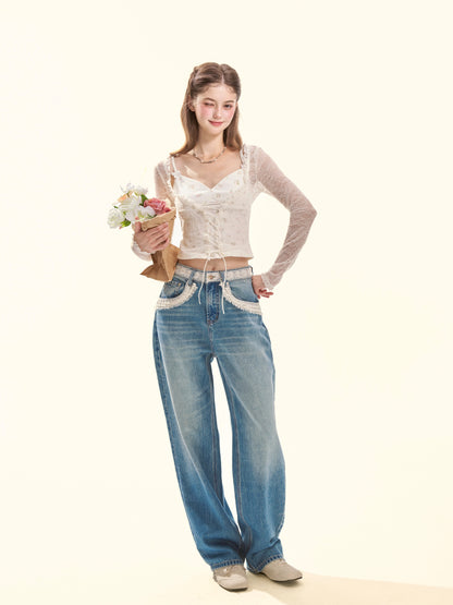 Cream Cloud Floral Lace Layered Knit Top