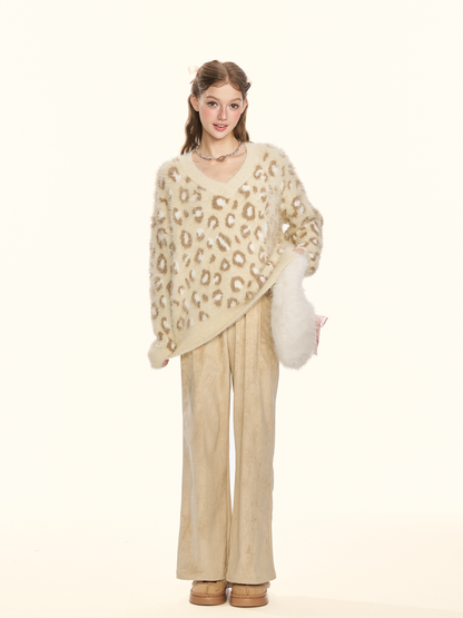 "Cappuccino" Khaki Suede Wide-Leg Trousers with Leopard Trim