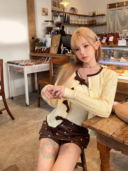 Butter Cream Bow Knit Cardigan & Cami Top Set