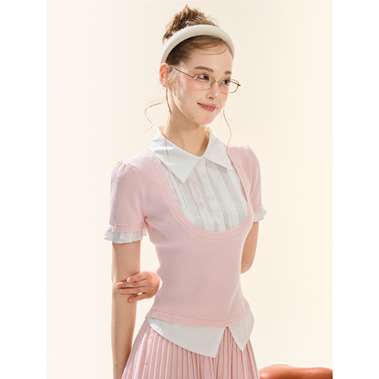 Pink Knit Vest Two-Piece Shirt & Pleated Skirt Set