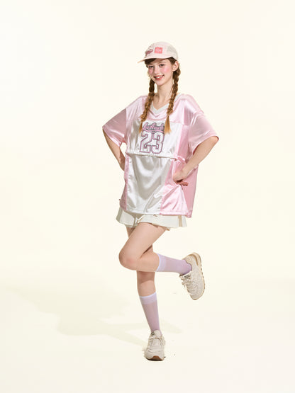 Colorblock Shiny Sporty Quick Dry Tee Women Loose Satin Athletic Jersey Style Top