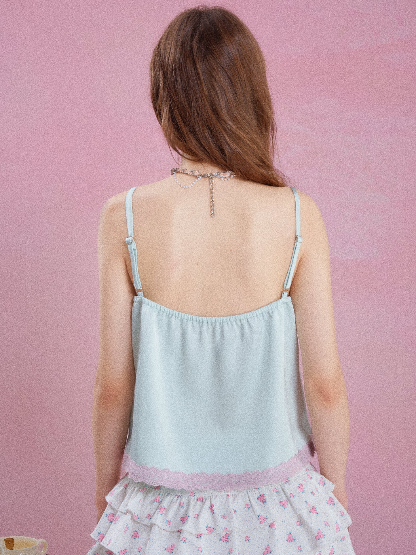 ⏳ Pre-order Information:Lazy Holiday Mint Green Satin Camisole Top Women Floral Lace Trim Tank