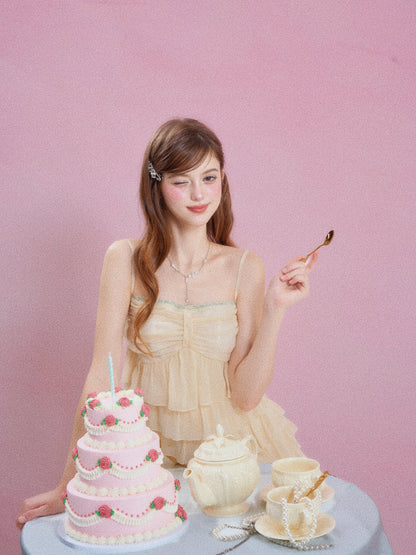 Yellow Ruffle Tiered Cami Dress Women Summer Sleeveless Flowy Cake Dress Slim Fit
