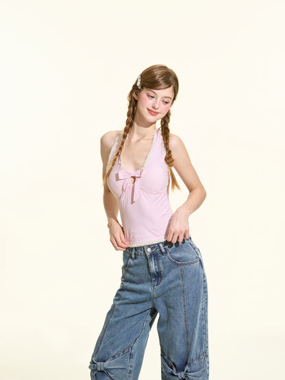 Pink Plaid Cotton Halter Tank Top Women Padded Slim Fit Sleeveless Summer Top