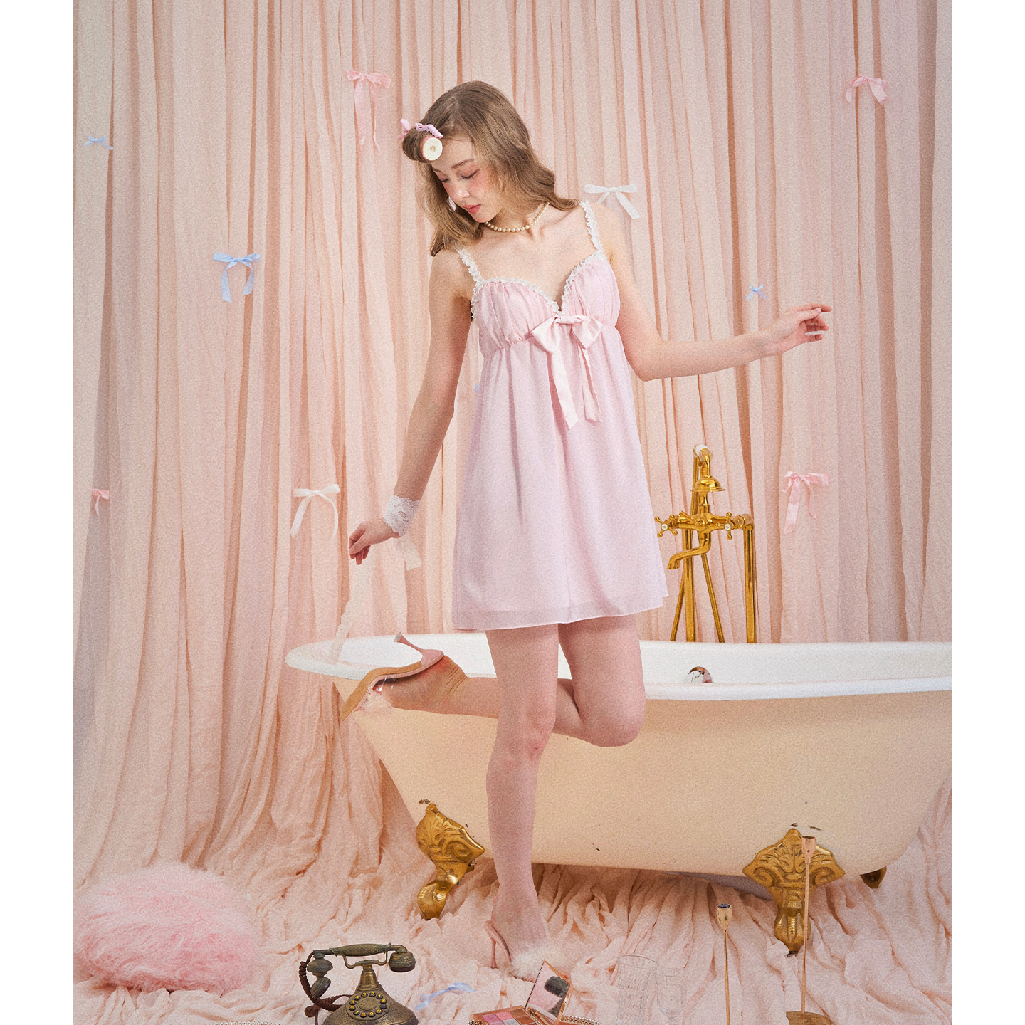 Peach Pink Soft Chiffon Feather Trim Pajama Dress Set
