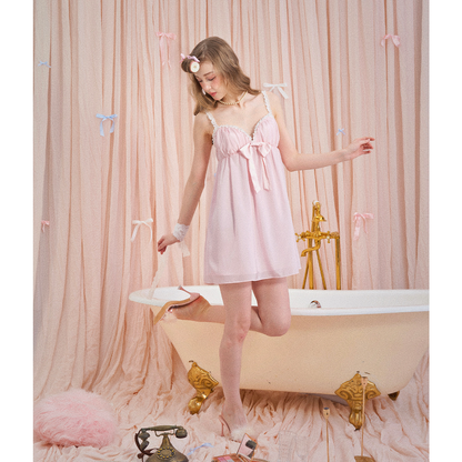 Peach Pink Soft Chiffon Feather Trim Pajama Dress Set