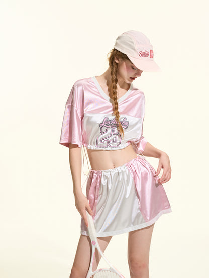 Colorblock Shiny Sporty Quick Dry Tee Women Loose Satin Athletic Jersey Style Top