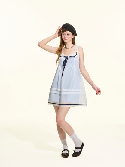 Light Blue Navy Style Pleated Tulle Cami Dress Women Summer Aesthetic Mini Dress