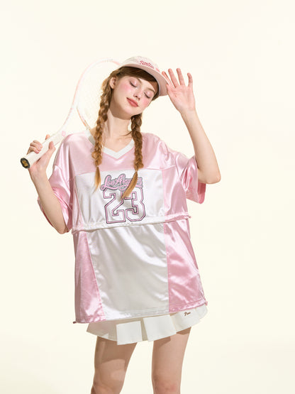 Colorblock Shiny Sporty Quick Dry Tee Women Loose Satin Athletic Jersey Style Top