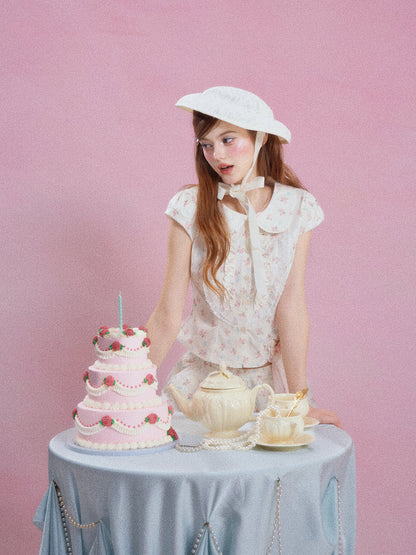 French Floral Ruffle Peter Pan Collar Top & Shorts Two-Piece Set