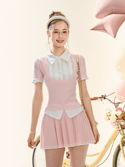 Pink Knit Vest Two-Piece Shirt & Pleated Skirt Set